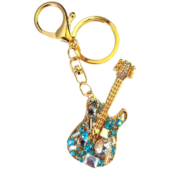 Gold and Blue Rhinestone Crystal Guitar Purse Charm Keychain - Picture 2 of 2